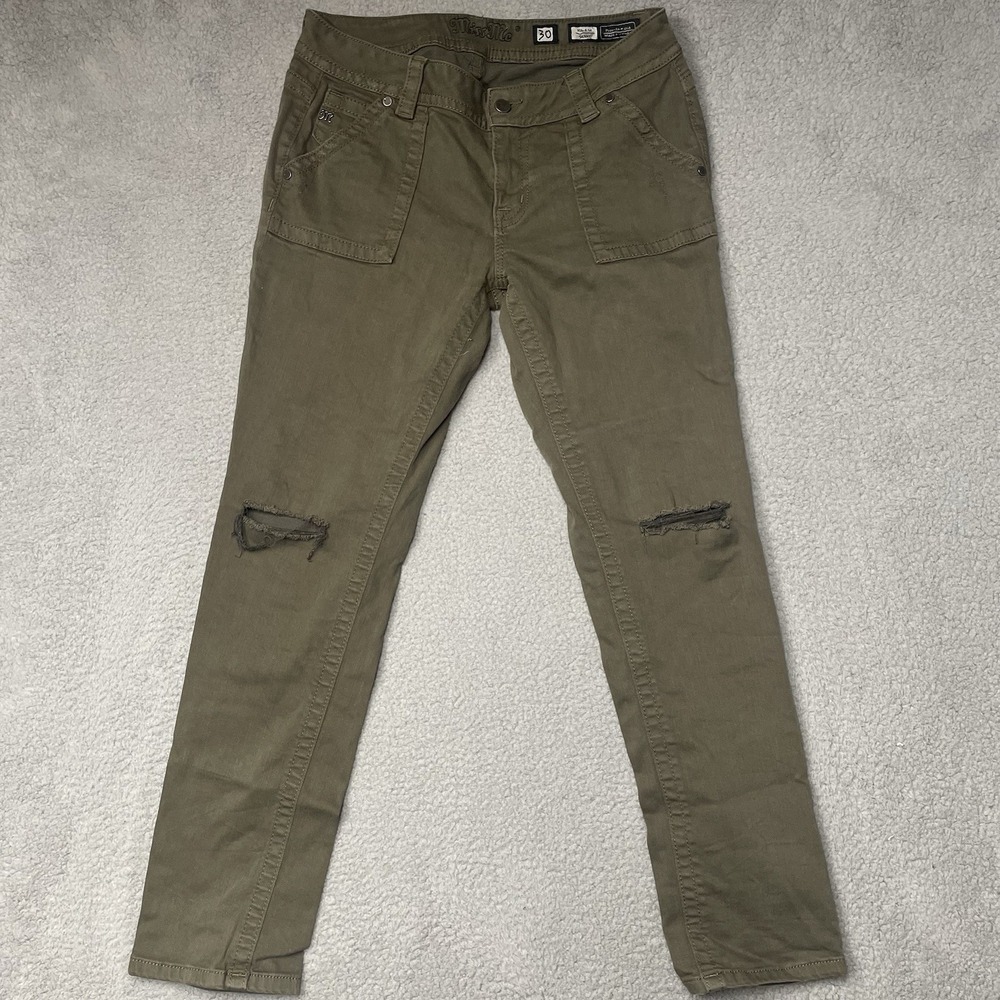 MISS ME Olive Green Mid Rise Skinny Jeans Rhinestone Logo Y2K Size 30